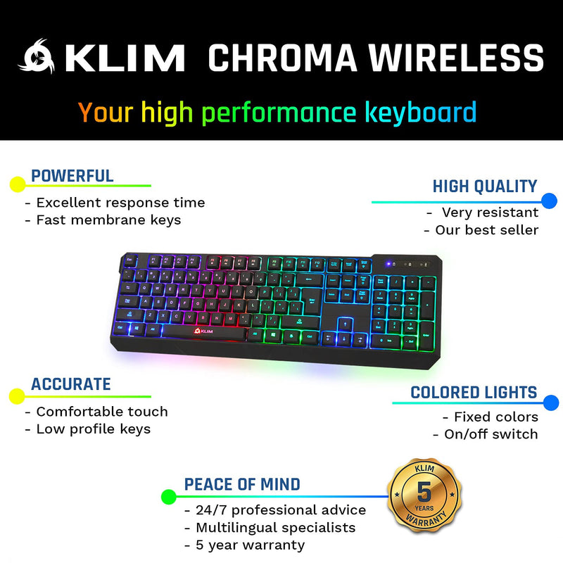 KLIM Chroma Rechargeable Wireless Gaming Keyboard + Slim, Durable, Ergonomic, Quiet, Waterproof, Silent Keys + Backlit Wireless Keyboard for PC PS4 Xbox One Mac + Teclado Gamer + New 2021 Version