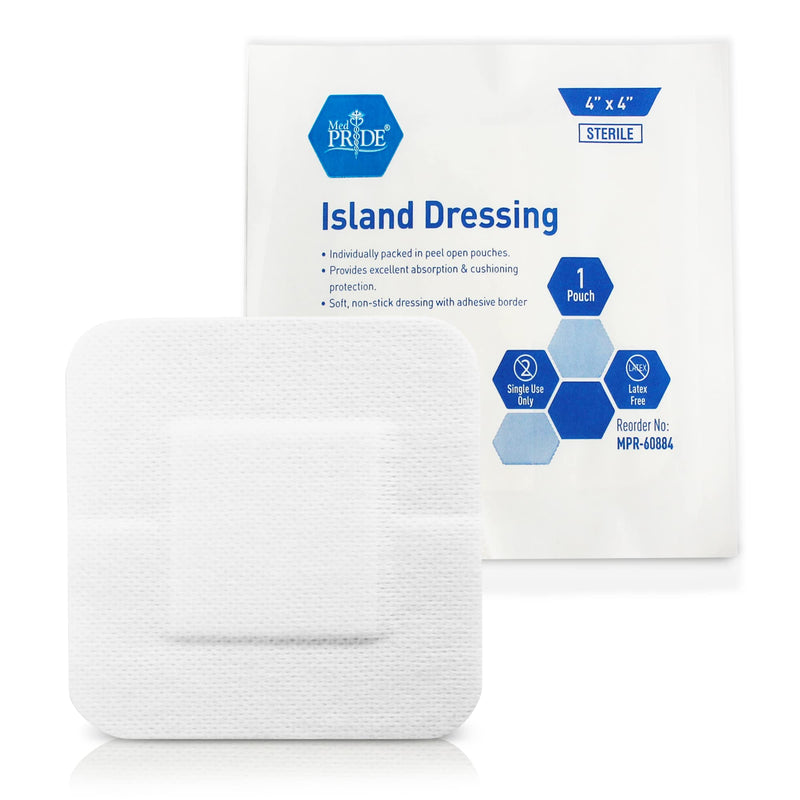 Med PRIDE 4inch x 4inch Bordered Gauze-Island Dressing| 25 Pack-Individually Packed Pouches| Wound Dressing with Adhesive, Breathable Borders| Sterile & Highly Absorbent| Latex-Free 4'' x 4''