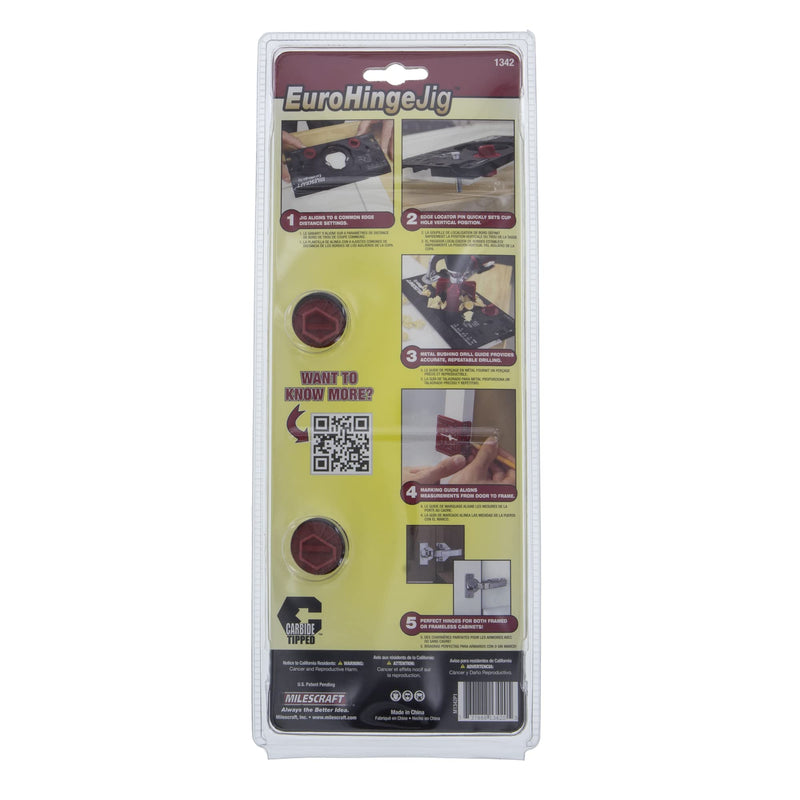 Milescraft 1342 Euro Hinge Jig• Concealed Hinge Jig for Framed & Frameless Cabinets• Automatically Aligns to 6 Common Hinge Settings• Metal Drill Guide Produces Perfect Hinge Holes– 35mm Bit Included