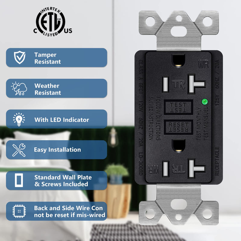 NineLeaf 2 Pack 20Amp 125V GFCI Outlet Receptacles, Tamper-Resistant（TR) Weather-Resistant（WR) with LED Indicator,Decorative Wall Plates and Screws Included, ETL Certified,Black