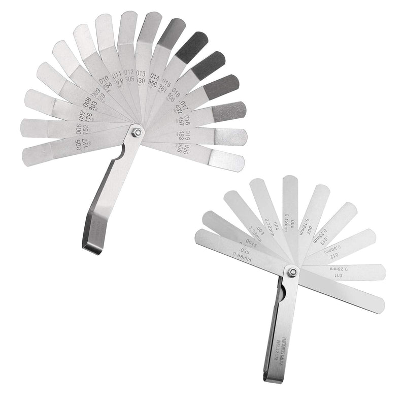 CAMWAY 2Pcs Feeler Gauge Set Stainless Steel Metric/Inch 32 Straight Blade Steel Feeler Gauge,16pcs Feeler Gauge and 45º Blades Offset for Measuring Gap Width/Thickness Measuring Tools Straight&45º Blades Offset