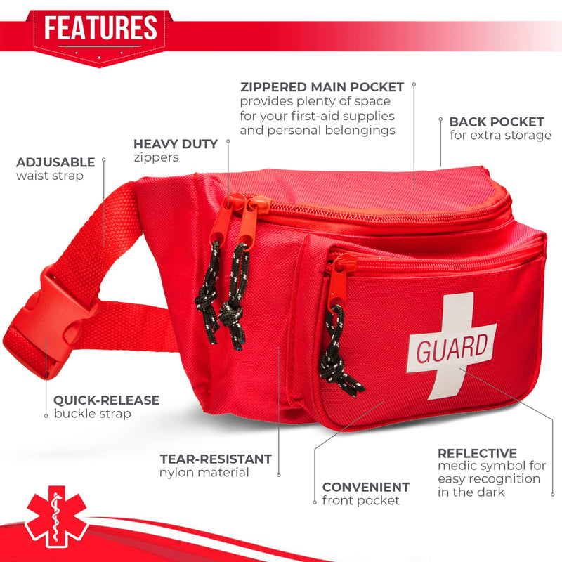 NOVAMEDIC First Aid Empty Fanny Pack, 8"x2"x6", Waist Bag with 3 Zippered Compartments & Adjustable Strap for Lifeguard, Hiking, Travel Men & Women, Durable, Red