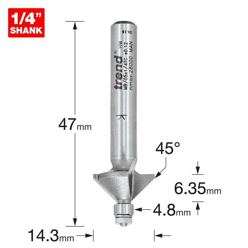 Trend Professional Miniature Chamfer Cutter 45 Degree 1/4" Shank 14.3mm Cutting Diameter and 6.35mm Cutting Length Carbide Tipped MB/05X1/4TC
