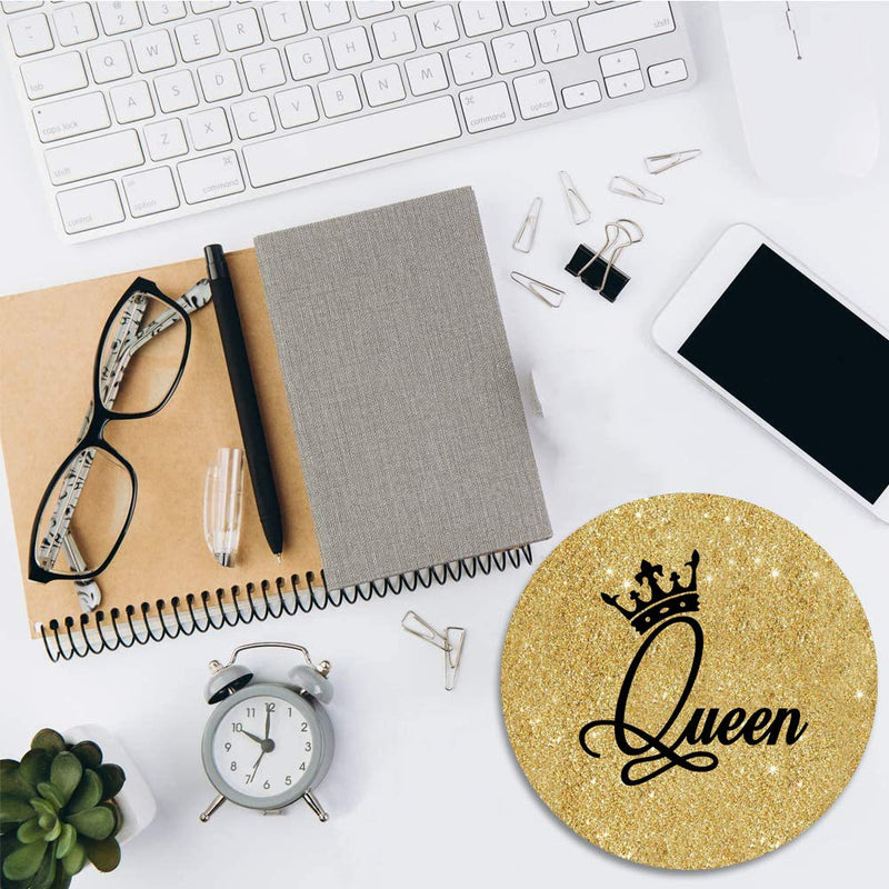 Round Mouse Pad with Coasters Set, Gold Glitter Quotes Crown Queen Design Mouse Pad, Non-Slip Rubber Base Mouse Pads for Laptop and Computer Office Accessories