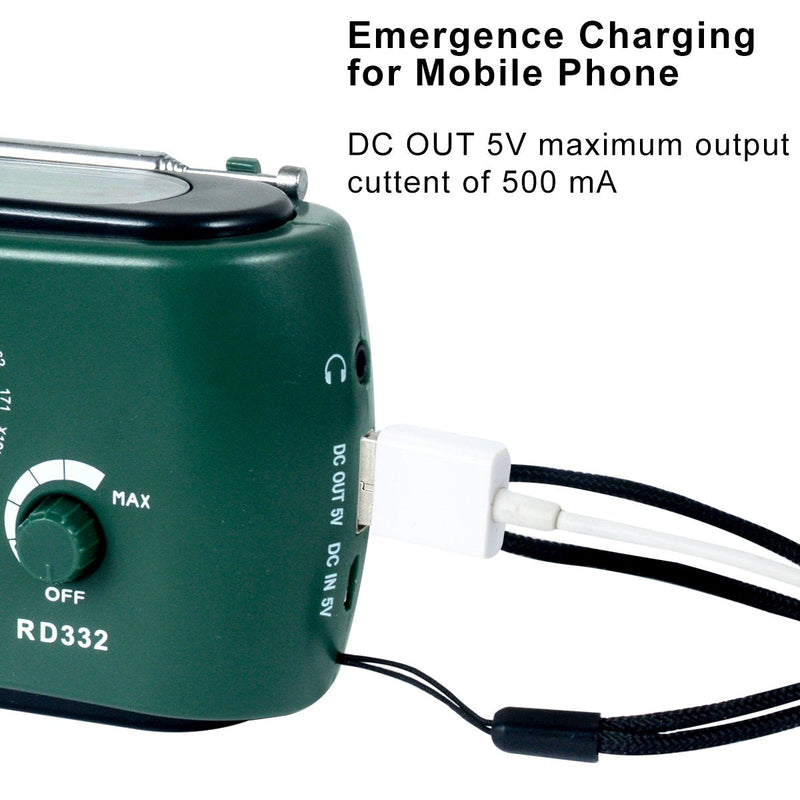 Emergency Radio with Solar and Crank Charger, 3 LED Flashlight Battery and USB Recharging FM/AM Radio 500mAh Power Bank Mobile Phone Charger for Recreational Camping Hiking Survival (Green)
