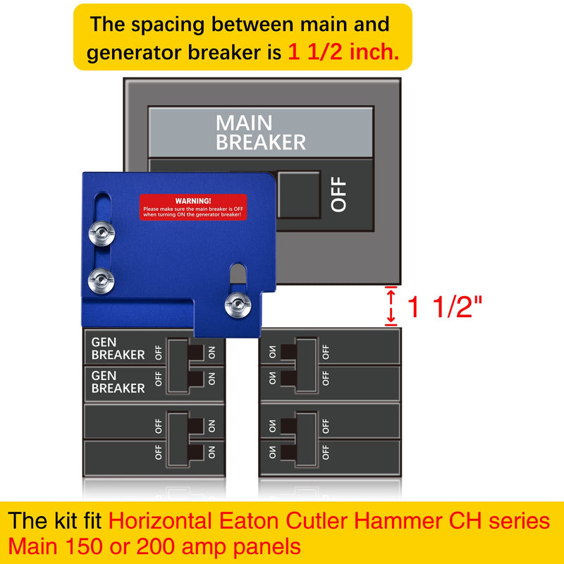 LATING Generator Interlock Kit for Horizontal Only Main Cutler Hammer CH-Series 150 and 200 Amp Panels with 1 1/2 Inches Spacing - Anodized, Blue