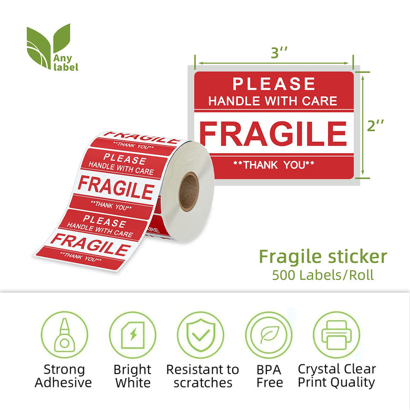 Anylabel 3 x 2 inch Handle with Care Fragile Thank You Warning Packing Shipping Label Stickers Permanent Adhesive (1 Roll, 500 Labels) 1 roll