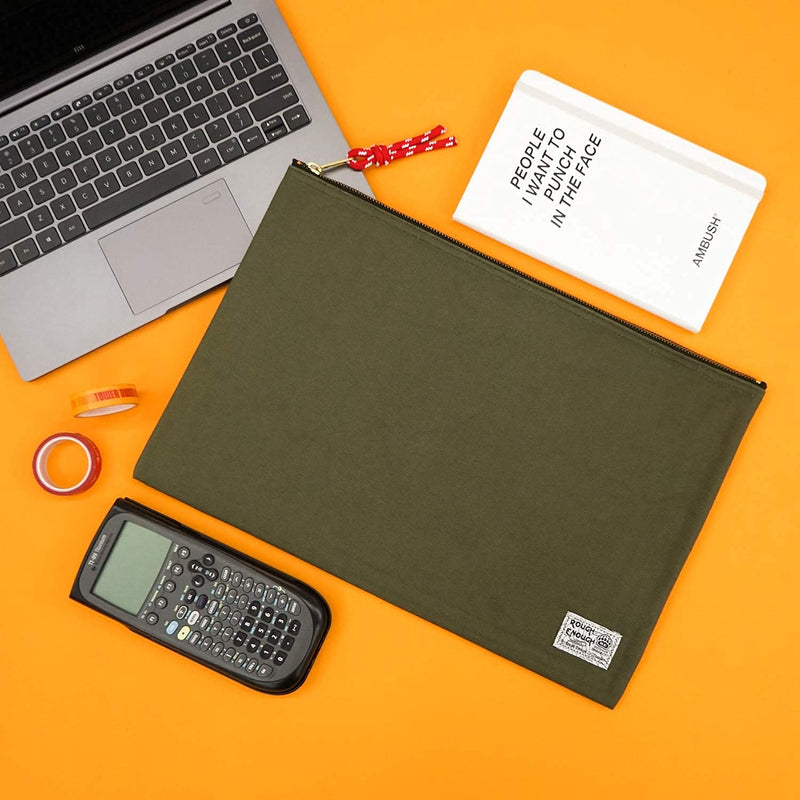 Rough Enough Document Organizer Storage File Holder Bag Zipper Pouch for Legal Size Paper Art Supplies in Army Green Waxed Canvas