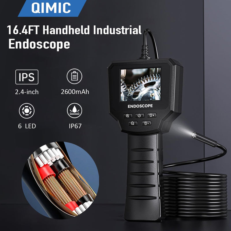 Endoscope camera with light, QIMIC industrial endoscope 1440P HD inspection camera sewer camera pipe camera with 6 LEDs, 2.4" IPS screen IP67 waterproof, semi-rigid cable 16.4FT, 2600mAh battery 5M