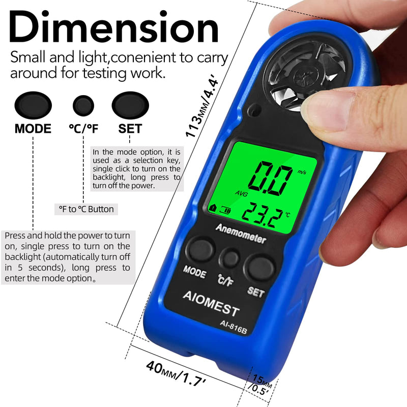 Digital Anemometer, Mini Handheld Wind Speed Gauge Measuring Air Flow Velocity Temperature, Weather Velometer with Max/AVG/Current Wind Chill for HVAC Shooting Sailing