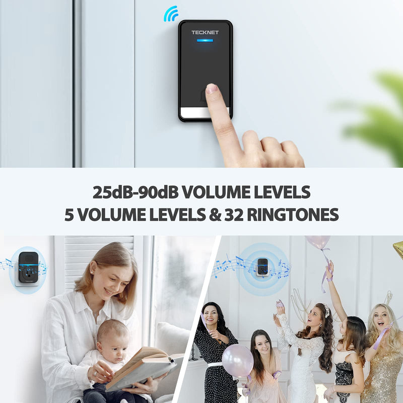 TECKNET Wireless Doorbell, Self-Powered Doorbell No Battery Required Push Button Plug-through Waterproof Cordless Door Chime, up to 1300ft Range with 32 Chimes, 5-Level Volume& LED Light (Black) Black