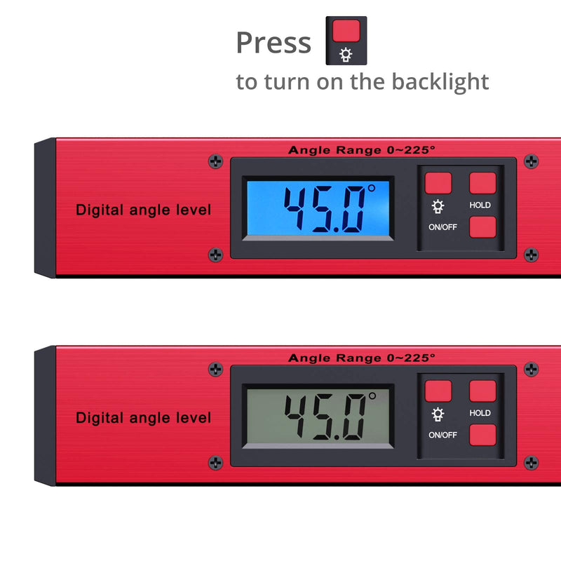 Proster Digital Protractor 0-225 ° Digital Protractor with Spirit Level and LCD Illumination 400 mm / 16 Inch Angle Measuring Device with Battery and Bag for Roofing Technology - Red Red