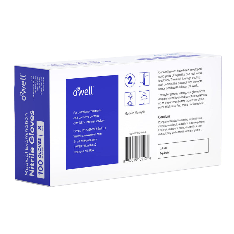 O'WELL Medical Examination Nitrile Gloves | XS-S-M-L-XL | 4mil, Finger Textured, Powder & Latex Free | Medical & Food Grade Small (100 Count) Blue