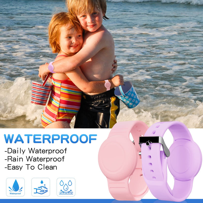 Waterproof Air Tag Bracelet for Kids(2 Pack), Soft Silicone Air Tag Hidden Wristband Kids, Lightweight GPS Tracker Compatible with Apple AirTag Watch Band for Child (Purple & Pink) Purple & Pink