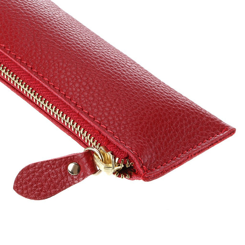 BTSKY Genuine Leather Pencil Case - Zippered Pen Case Stationery Bag Zipper Pouch Pencil Holder (Red) Red