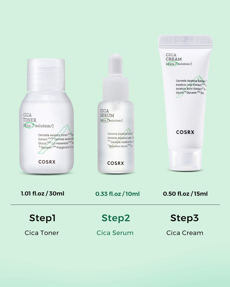 COSRX CICA-7 Relief Kit | TSA Approved Travel Size, Gift Set | Pure Fit CICA Trial | Toner, Serum, Cream | Centella Asiatica, Sensitive Skin, Soothing, Moisturizing