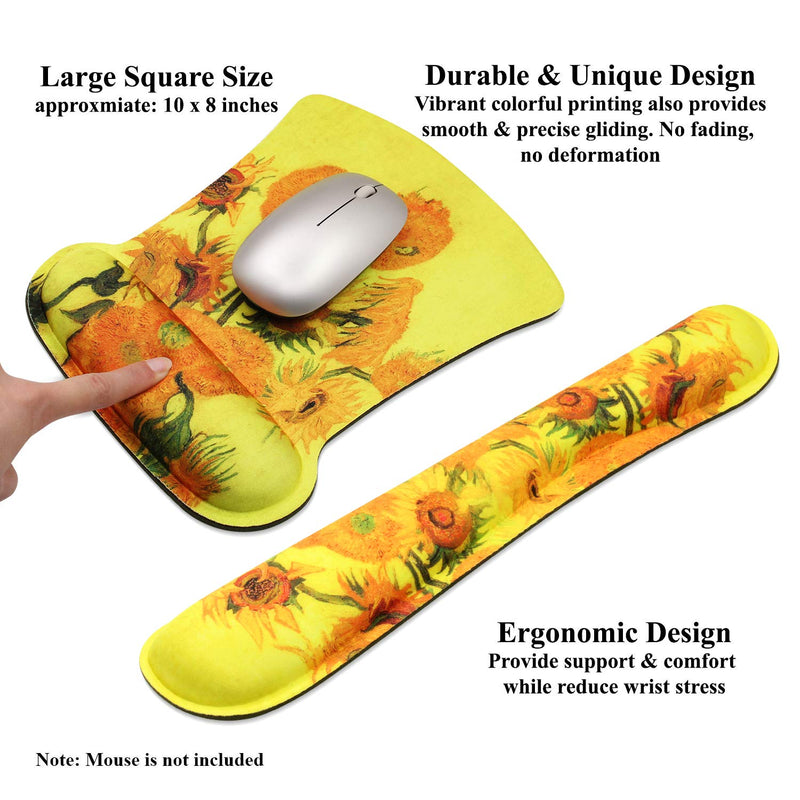 Meffort Inc Mouse Pad Wrist Support & Gaming Keyboard Wrist Pad Combo Set – Durable Ergonomic Anti Slip Non-Slip Square Base Rest Support - Van Gogh Sunflowers