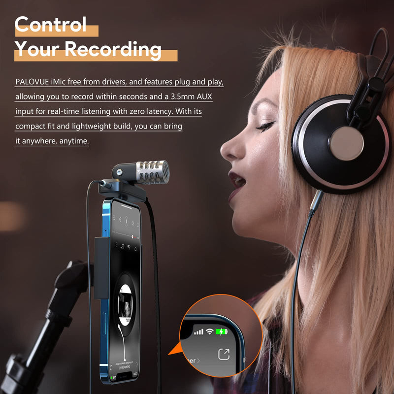 PALOVUE Portable MFi Certified Microphone with Lightning Connector for iPhone iPad, Professional Digital Stereo Cardioid Condenser Mic with Charging Port and 3.5mm Headphones Jack for Recording