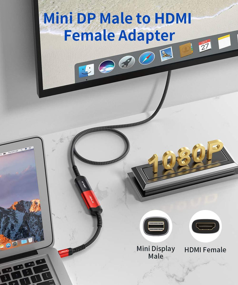 Mini DisplayPort to HDMI Adapter, JSAUX Mini DP (Thunderbolt) to HDMI Adapter Nylon Braided Aluminum Shell Compatible with MacBook Air/Pro, Microsoft Surface Pro/Dock, Monitor, Projector and More-Red Red