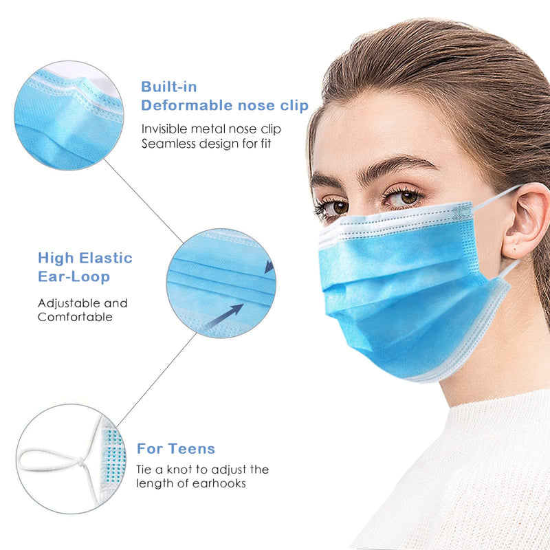 Wecolor 100 Pcs Disposable 3 Ply Earloop Face Masks, Suitable for Home, School, Office and Outdoors (Blue) 100 Count (Pack of 1) Blue