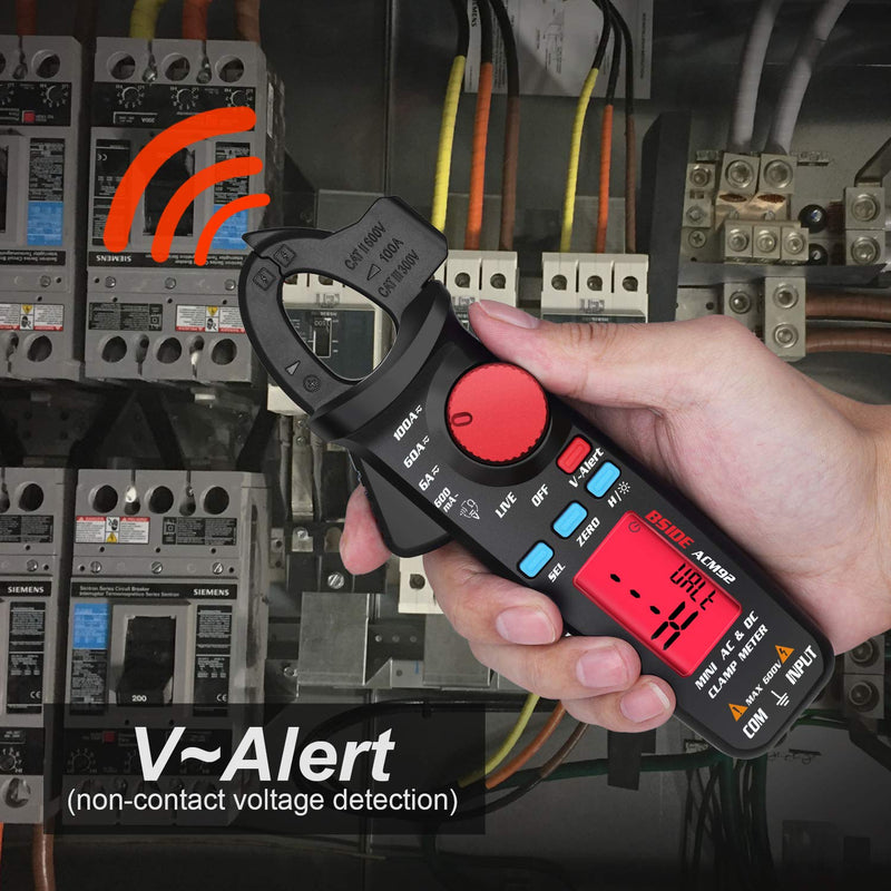 DC Current Clamp Meter 6000 Counts Auto-Ranging Digital Ammeter Amp Ohm Hz Live Check V-Alert Voltage Tester with Back Clip ACM92
