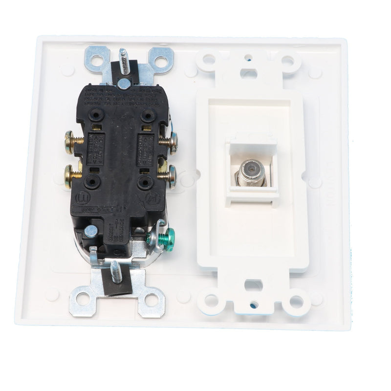 RiteAV (2 Gang Decorative) 15 Amp Round Power Outlet Coax Cable TV Wall Plate - White Round Outlet