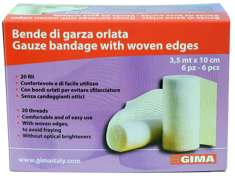 Gima - 20 threads hydrophilic hemmed gauze bandage, 100% hydrophilic white cotton, hemmed edge, latex free, size 3.5m x 10cm, box of 6 rolls 6 rolls x 3.5m x 10cm