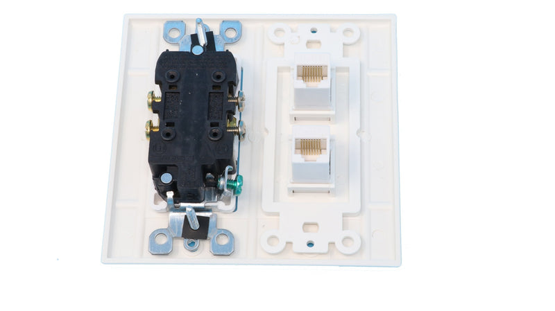 RiteAV - 15 Amp Power Outlet 2 Port Cat6 Ethernet White Decorative Wall Plate Standard Power Outlet