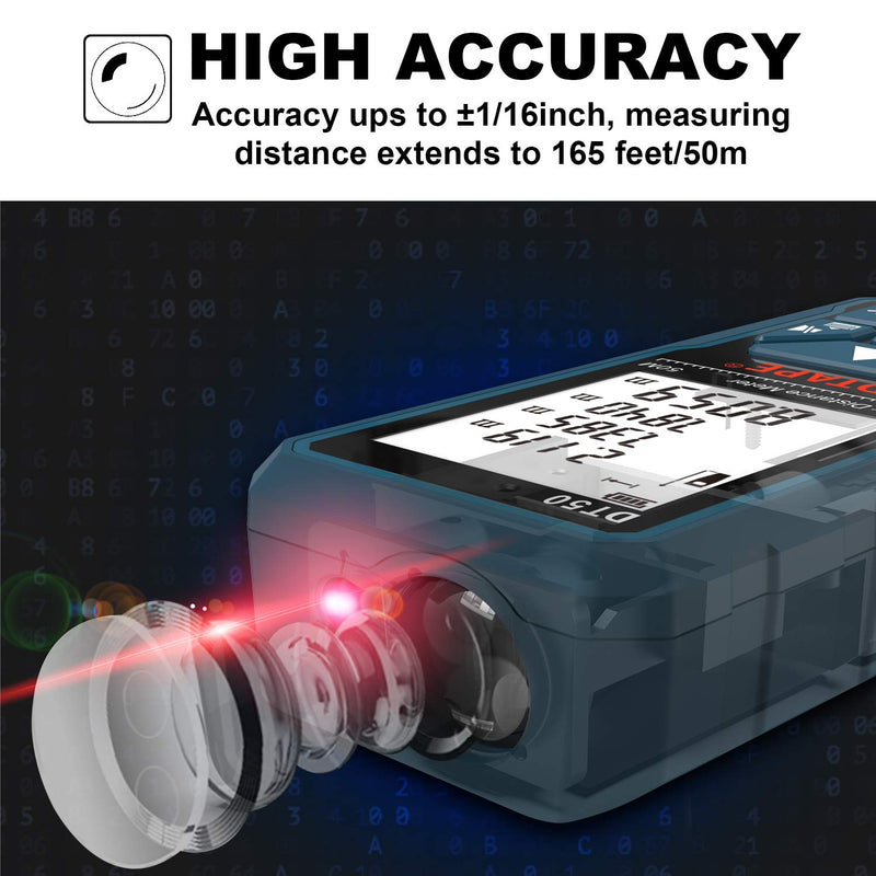 Laser Measure 165ft, DTAPE DT50Laser Distance Meter 50M, Portable Handle Digital Measure Tool Range Finder, Larger Backlit LCD 4 Line Display IP54 Shockproof