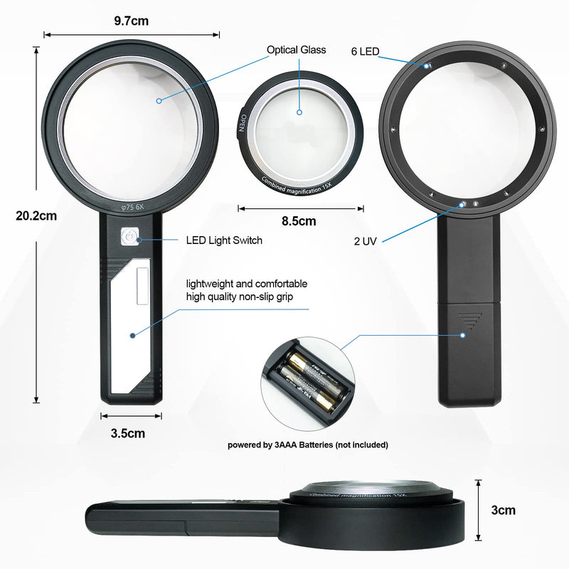 Delixike Lighted Magnifying Glass with Light for Reading,6X 9X 15X Magnifications Integrated into 6 LED and 2 Purple Light Beads Magnifying Glasses for Seniors with Macular Degeneration