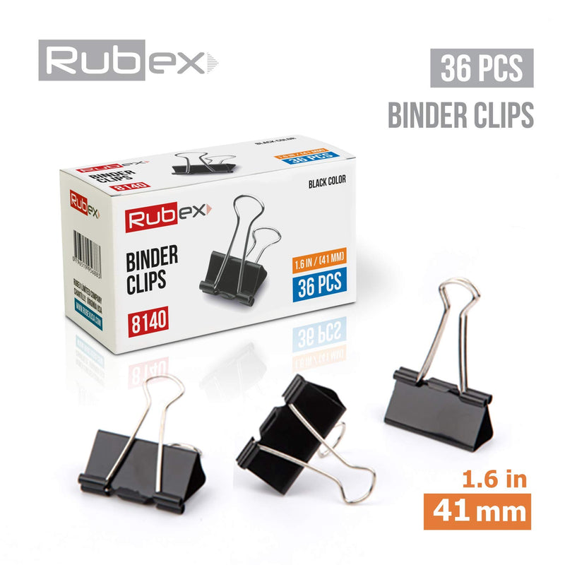 Rubex Binder Clips, Black Large Binder Clips, Jumbo Binder Clips, 1.6 Inch Paper Binder Clips, Big Metal Paper Clamps for Notebooks, Envelopes, Papers in Office, School and Home (1.6 Inch 36 Count) 1.6 Inch 36 Count