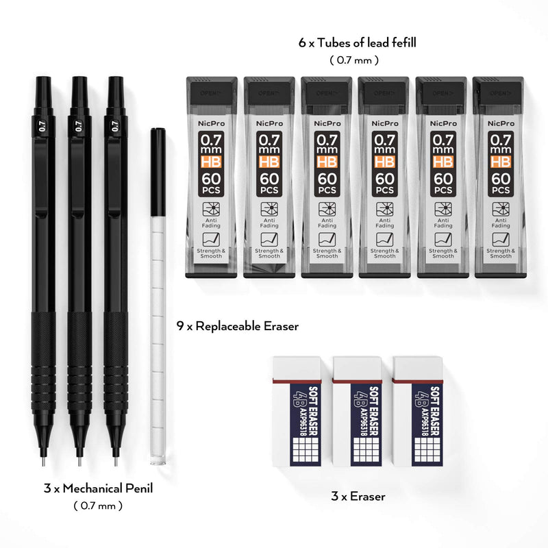 Nicpro Black 0.7 mm Mechanical Pencils Set, 3 PCS Metal Automatic Artist Drafting Pencil With 6 Tubes HB Pencil Leads And 3 Erasers For Writing Drafting, Drawing, Sketch-Come With Case