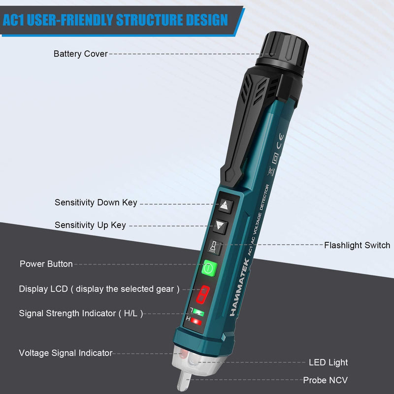 Non-contact voltage tester/phase tester, Hanmatek AC1 current tester continuity tester 12-1000V/48V-1000V, acoustic buzzer and light indicator voltage tester AC1