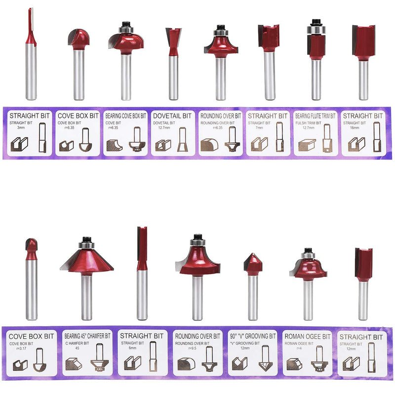 Fippy 15 piece router cutter set, cutter for router 6.35 mm, groove cutter, profile cutter for router, wood cutter in industrial quality for hard and soft