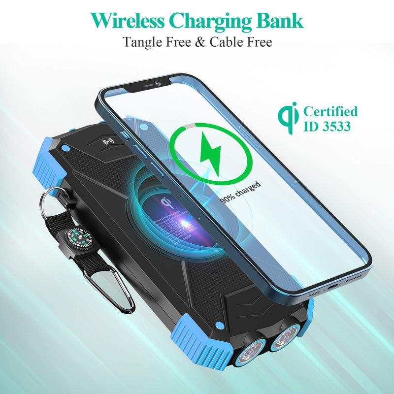 Solar Charger Power Bank, Qi Wireless Charger 10,000mAh External Battery Pack Type C Input Port Dual Flashlight, Compass, Solar Panel Charging (Light Blue) Light Blue