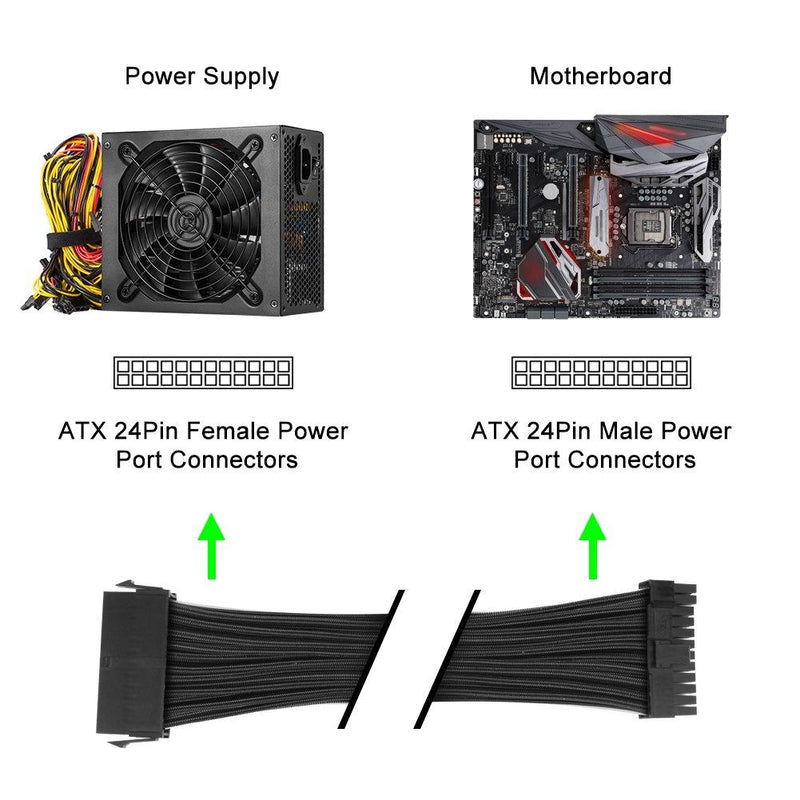 J&D ATX 24 Pin Motherboard Power Extension Cable, Male to Female 12 inch 12 inch / 30cm