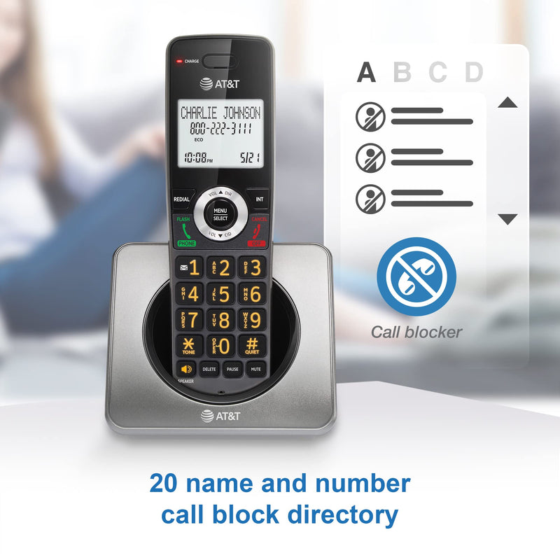 AT&T GL2101-2 DECT 6.0 2-Handset Expandable Cordless Home Phone with Call Block, Caller ID, Full-Duplex Handset Speakerphone, 2" White Backlit Display, Lighted Keypad (Graphite & Black)