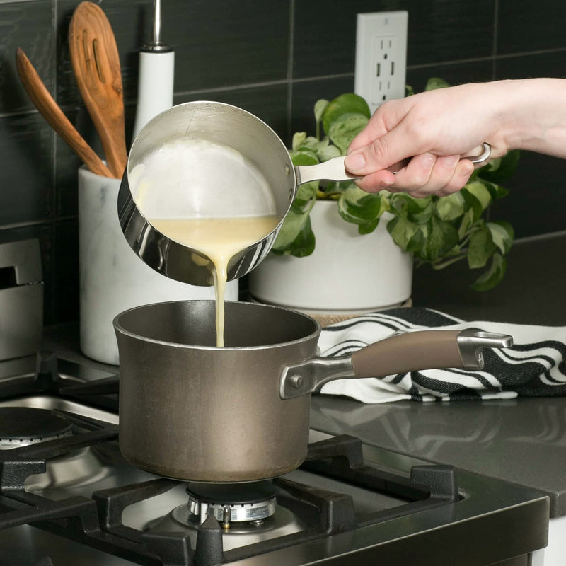 RSVP International Endurance Stainless Steel Measuring Pan Scoop, 3 Cups | Dry or Liquid | Baking or Cooking | Ideal for Melting Butter, Chocolate, Heating Soup | Dishwasher Safe