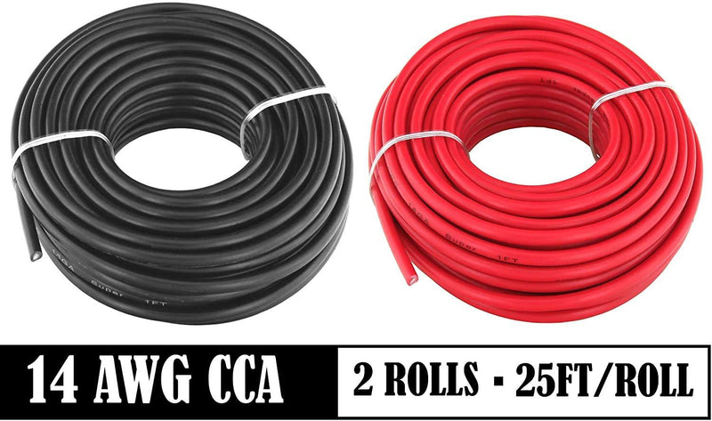 GS Power 14 AWG (True American Wire Gauge) CCA Copper Clad Aluminum Primary Wire 25 ft Red & 25 ft Black. For Car Audio Speaker Amplifier Remote Trailer Harness wiring (Also Available in 16 & 18 Ga) 25' Red & Black