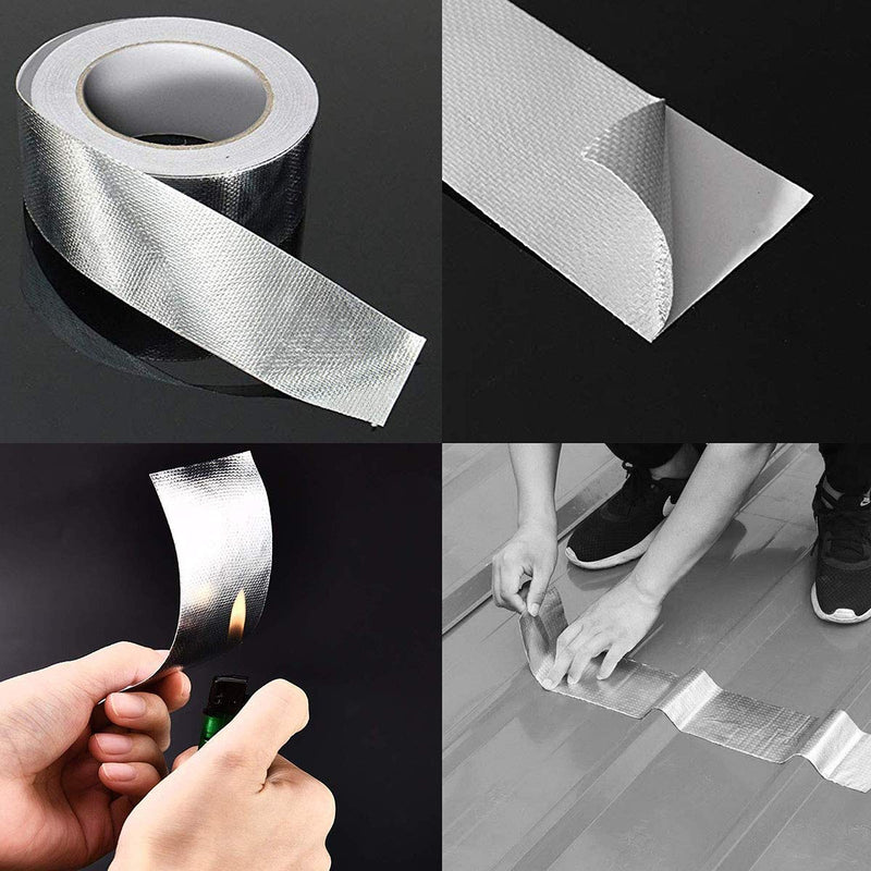 Glass Fiber Cloth Aluminum Foil Tape, HAOT Fireproof Self-Adhesive Tape High Temperature Leak Proof Tin Foil Paper Duct Tape Seal Pipe Insulation Tear Resistance Metal Repair 2" x 82' Roll - Silver