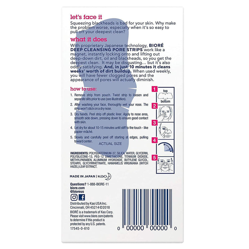 BiorÃ© Original, Deep Cleansing Pore Strips, Nose Strips for Blackhead Removal, with Instant Pore Unclogging, 8 Count, features C-Bond Technology, Oil-Free, Non-Comedogenic Use 8 Count (Pack of 1)