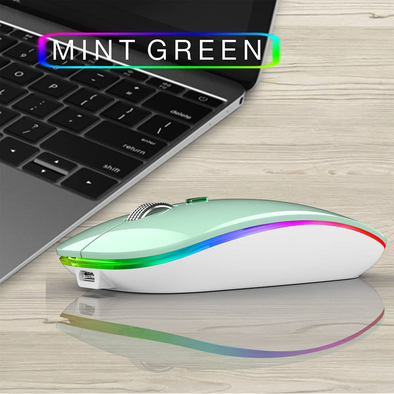 LED Wireless Mouse, G12 Slim Rechargeable Wireless Silent Mouse, 2.4G Portable USB Optical Wireless Computer Mice with USB Receiver and Type C Adapter (Mint Green) Mint Green