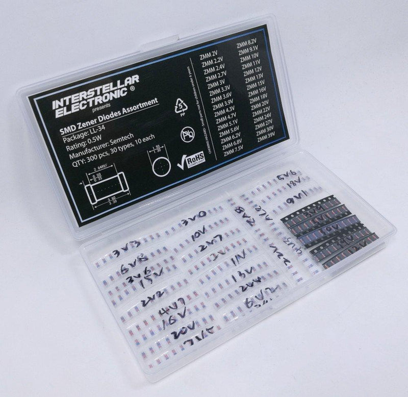 SMD Zener Diodes Assortment 0.5W LL-34 2V - 29V, All Values, 300 pcs