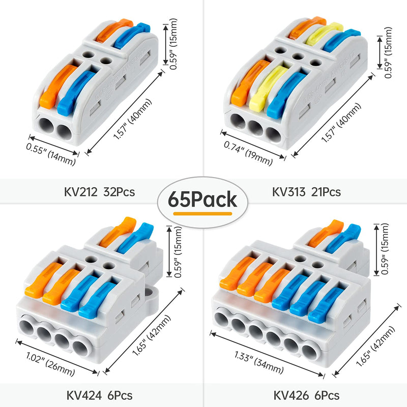 GKEEMARS 65 Pcs Compact Splicing Wire Connectors Assortment Pack Lever Connector Kit, Quick Wiring Connector for AWG 28-12