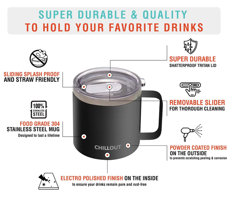 16 oz Stainless steel Vacuum Insulated Coffee Mug with Handle and Lid, Large Thermal Camping Coffee Mug Cup with Durable Sliding Lid for Men & Women - Keeps your Beverages Hot/Cold for a Long Time Black 16 oz