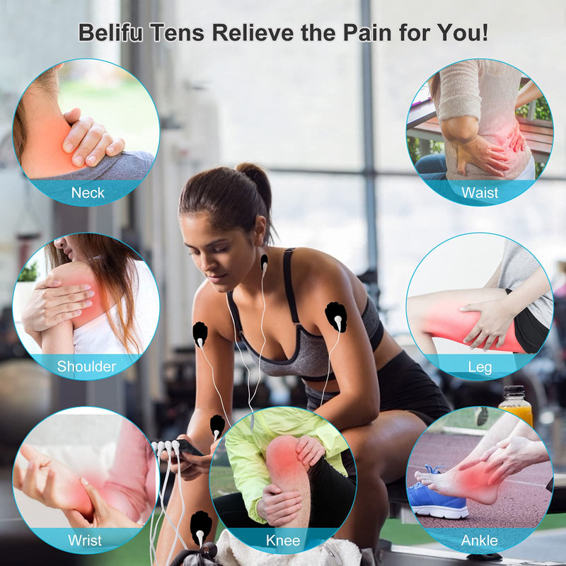 Belifu 4 Independent Channel TENS EMS Unit, 24 Modes,30 Level Intensity Muscle Stimulator Machine, Rechargeable Electric Pulse Massager with 10 Pads&5 Set Leads Wires, for Pain Relief Therapy Black