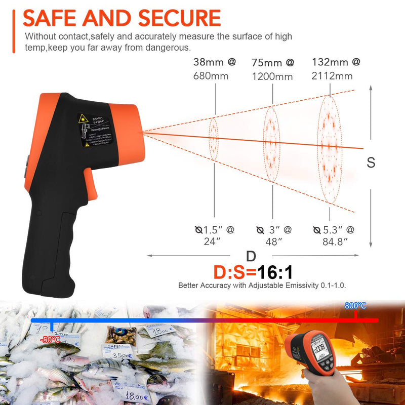 Digital Infrared Thermometer Non-Contact Temperature Gun,16:1IR Laser Grip Accurate from -50℃~800℃(-58℉~1472℉),Pyrometer with Adjustable Emissivity for Industry Kiln Forge【Not for Human】 985C(-58℉~1472℉)