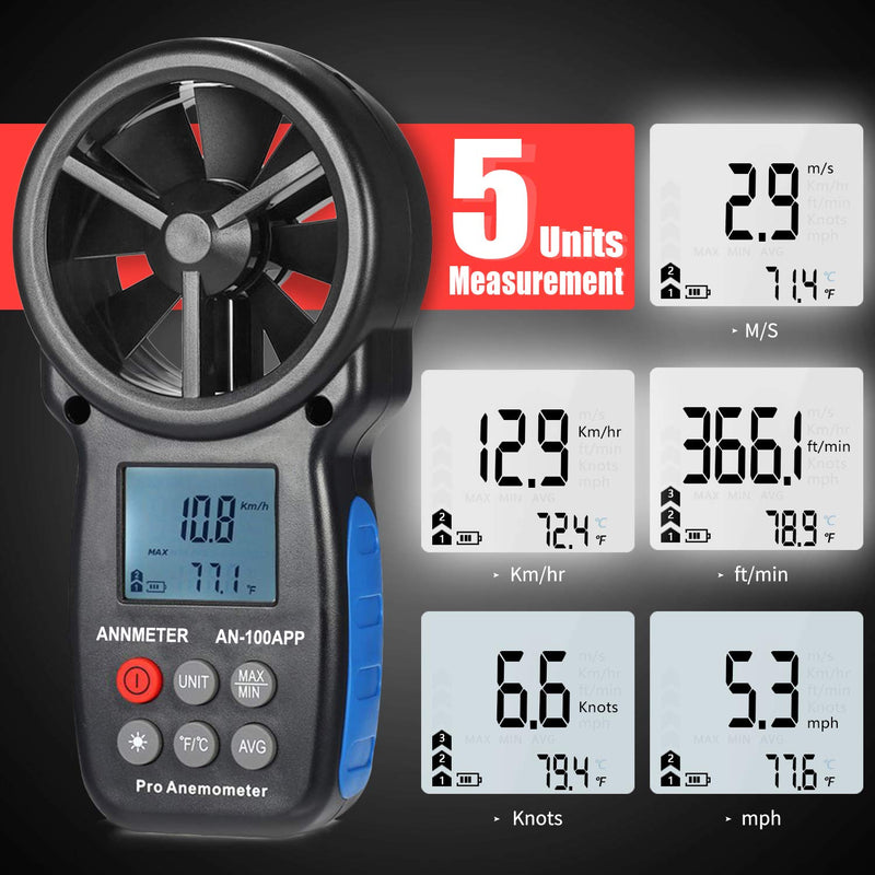 Bluetooth Digital Anemometer, Handheld Wind Speed Meter for Air Flow Velocity Wind Temperature Wind Chill Gauge Tester, with Phone Tablet APP AI-100APP w/Bluetooth APP Connection