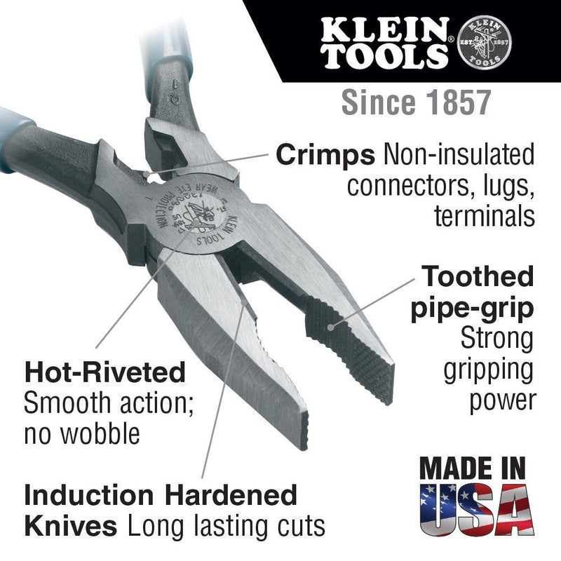 Klein Tools 12098 Universal Combination Pliers with Crimping Die, Toothed Pipe Grip, Induction Hardened Knives, 8-Inch
