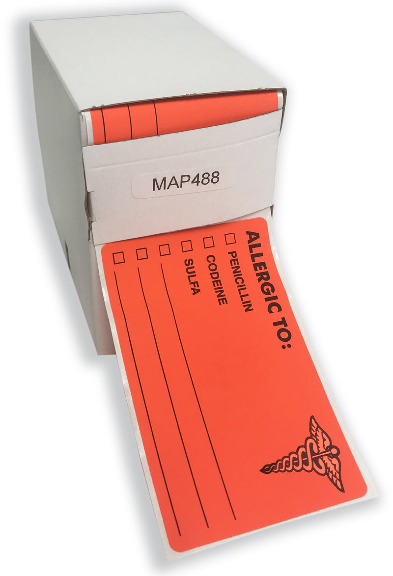 Tabbies Allergy Labels, Fluorescent Red, 4"W x 2-1/2"H,"Allergic Options" 100 Labels/Roll ALLERGIC OPTIONS